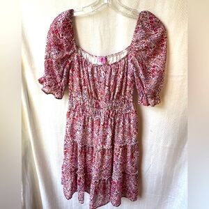 Mi ami for Francesca’s Pink Floral Puff Sleeve milkmaid mini dress ruffle boho